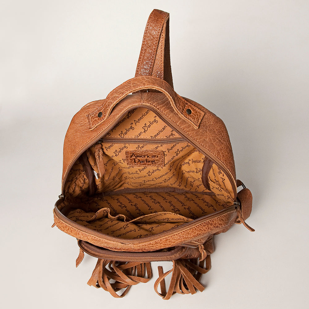 LC-ADBGZ357A Tan Leather Backpack with Cowhide & Fringe - Western Hair-On Hide Daypack