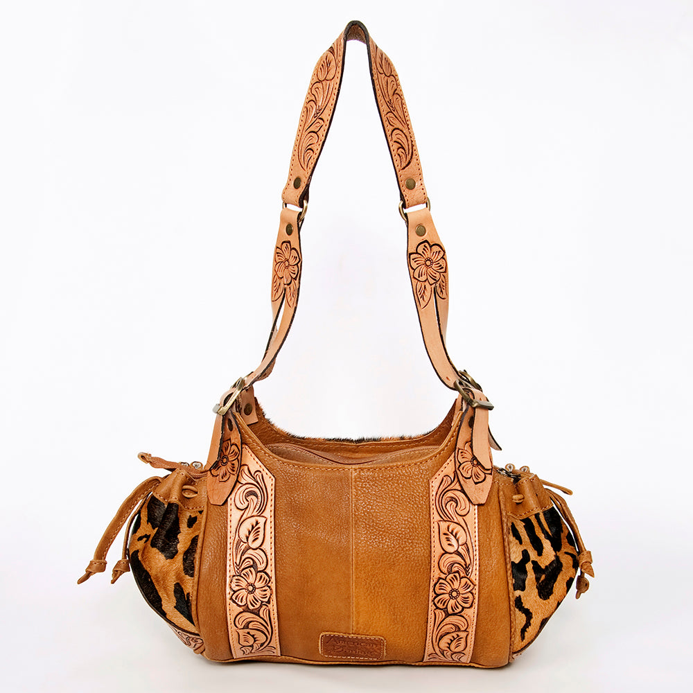 ADBGA209 Western Floral Tooled Leather Cowhide Shoulder Handbag with Drawstring Tassel