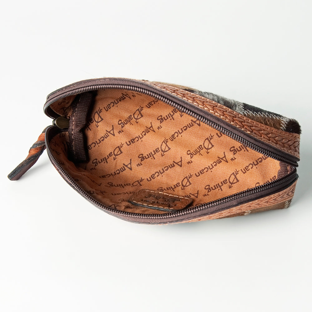 LC-ADBGZ495 Hair-On Cowhide & Tooled Leather Sunglass Zipper Pouch - Western Patchwork Accessory Case
