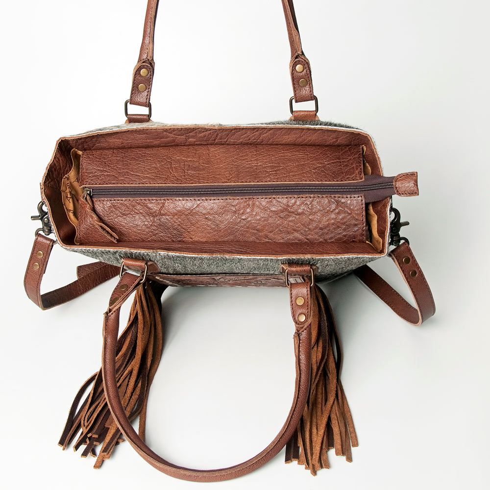 ADBG662 American Darling Hand Tooled Floral & Hair-On Cowhide Western Leather Tote Bag with Fringes