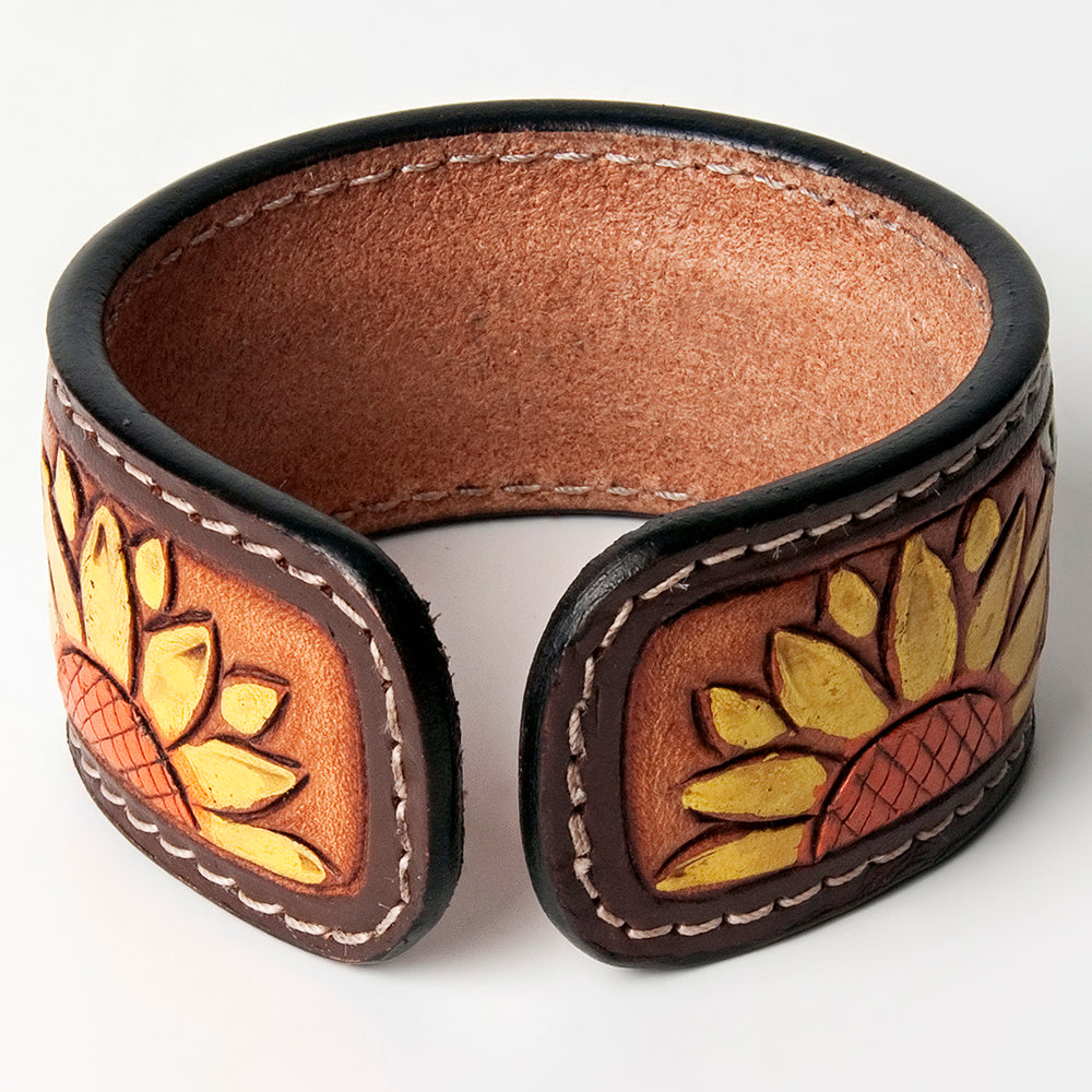LC-ADBRF160 Cactus & Floral Hand Tooled Leather Cuff Bracelet - Western Desert Blooms