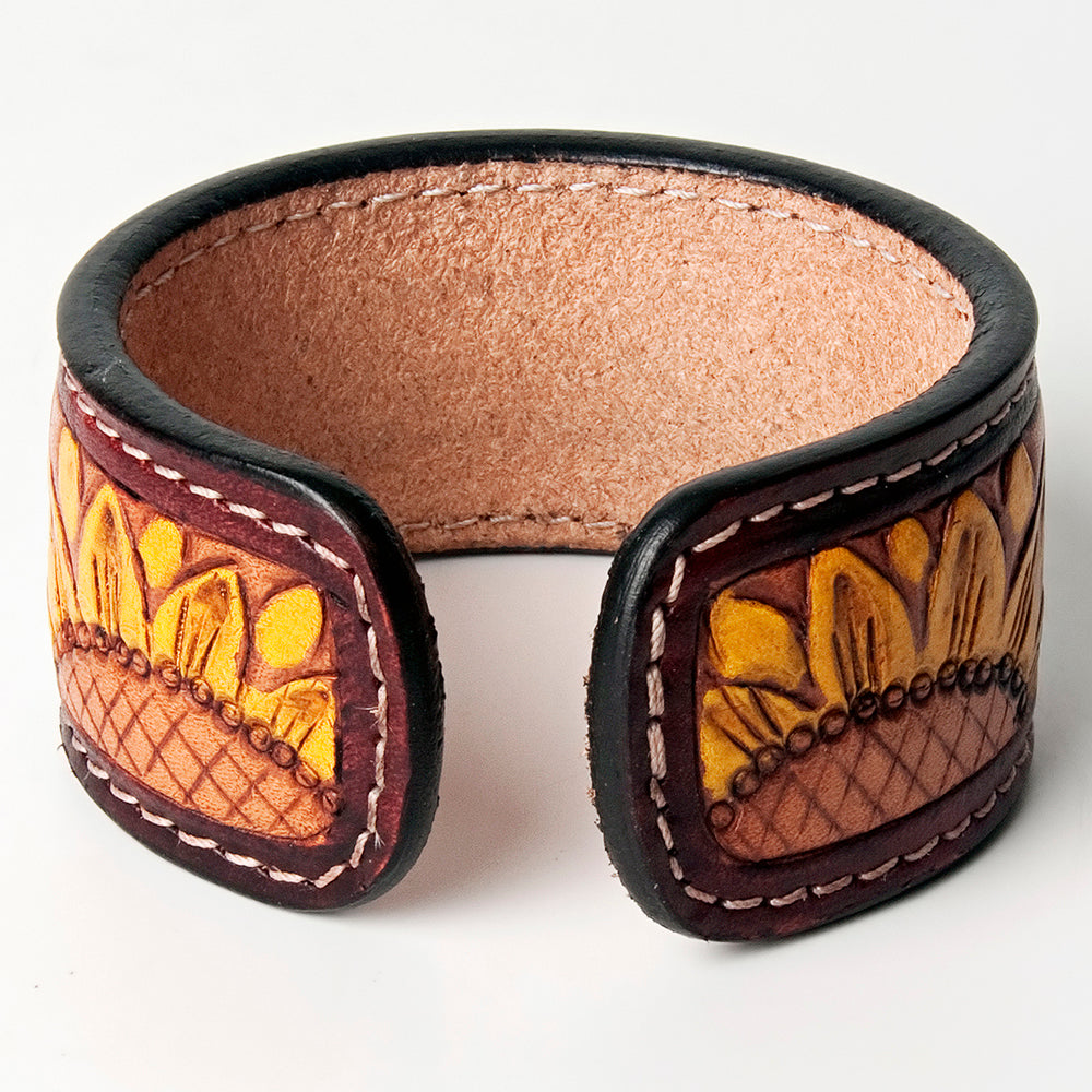 LC-ADBRF162 Prickly Pear Cactus Tooled Leather Cuff Bracelet - Handcrafted Western Jewelry