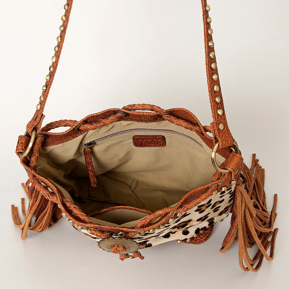 ADBGI102 Studded Leather Fringe Crossbody Bucket Bag - Western Cowhide Style