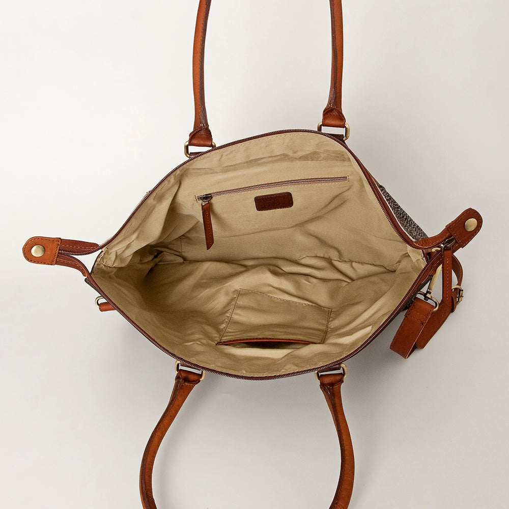 ADBGI105 Western Tote Bag - Genuine Leather & Hair-On Hide with Tooled Detailing