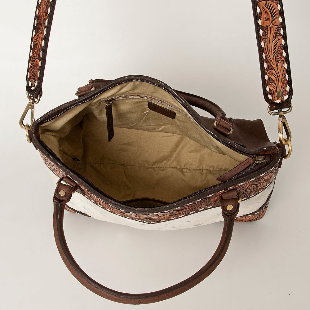 ADBGI141 Hand-Tooled Cowhide Leather Western Tote - Floral Tooled Hair-On Bag
