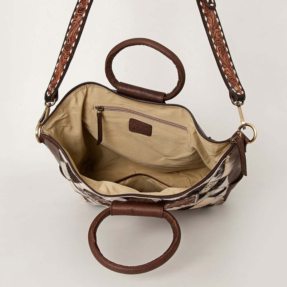 ADBGI143 Hair-On Hide Square Tote with Tooled Leather Patch - Western Cowgirl Bag