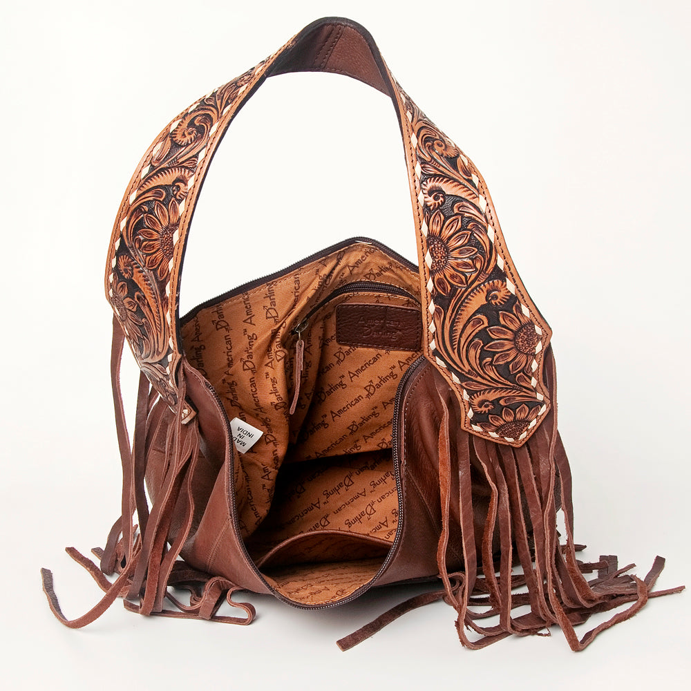 ADBGA219 American Darling Hand Tooled Genuine Leather Hobo Bag Turquoise Concho Fringe