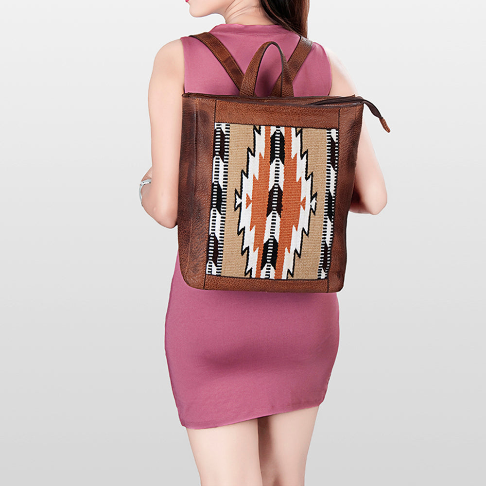 LC-ADBGZ307D Rust & White Aztec Wool Leather Backpack - Western Tribal Handmade Bag