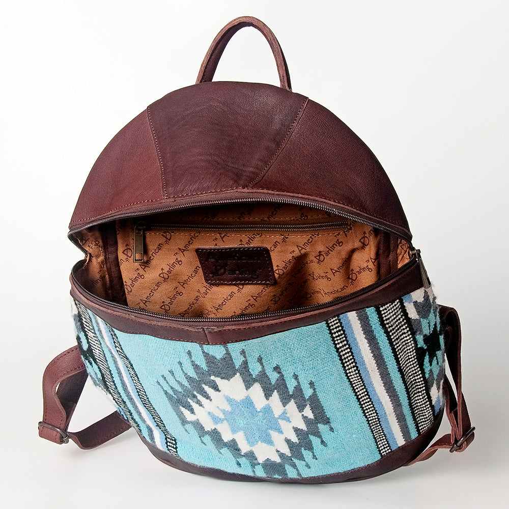 LC-ADBGZ376A Turquoise Southwestern Wool & Maroon Leather Backpack - Curved Body Western Bag