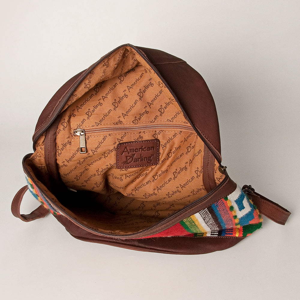 LC-ADBGZ376B Red Tribal Wool & Maroon Leather Backpack - Curved Body Western Daypack