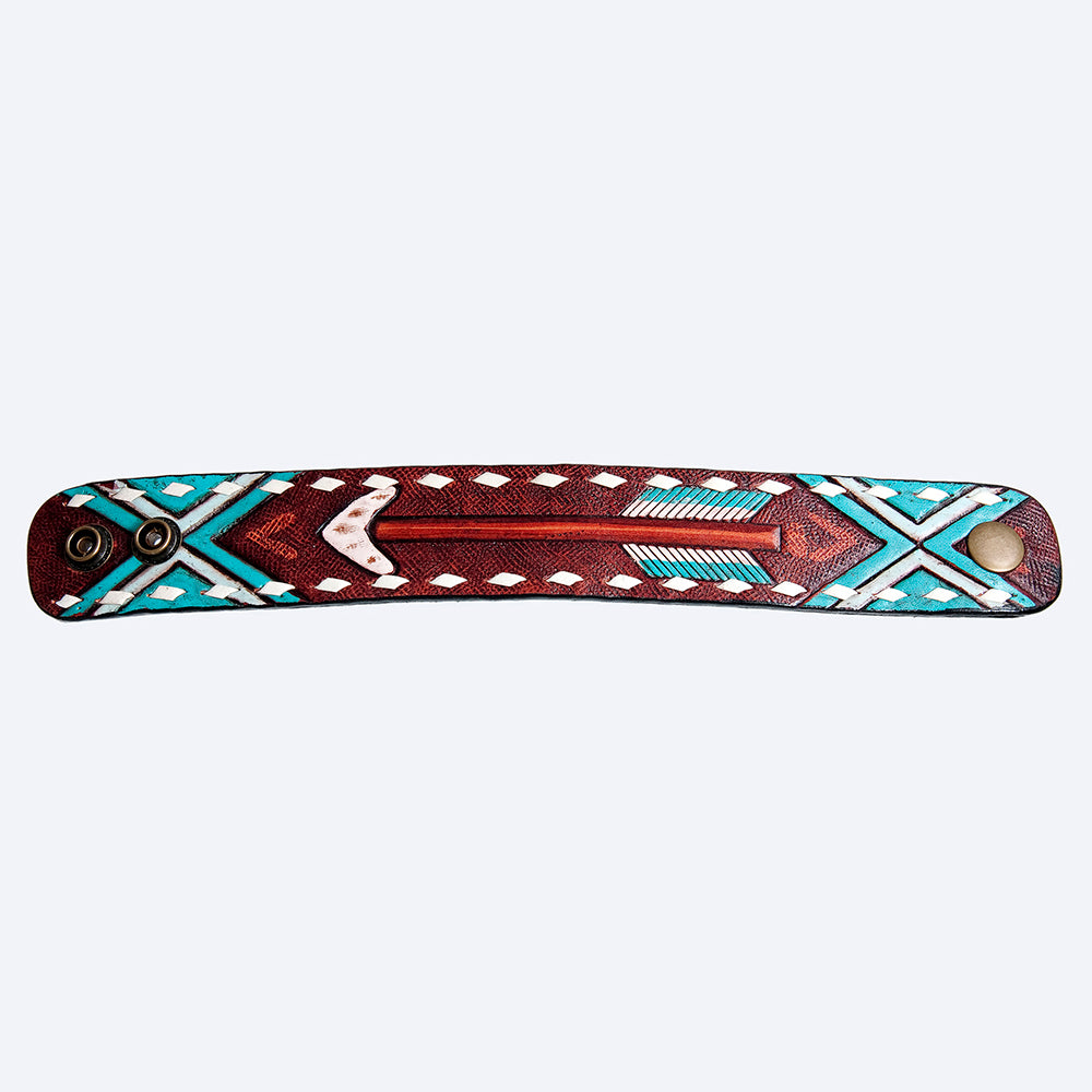 LC-ADBRF167 Tooled Leather Cuff Bracelet with White Whipstitch & Turquoise Accents - Western Snap Closure