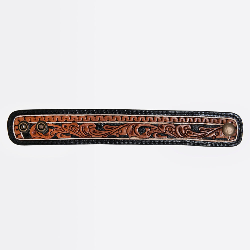 LC-ADBRF171 Tooled Leather Cuff Bracelet - Black & Tan Western Swirl with Snap Closure