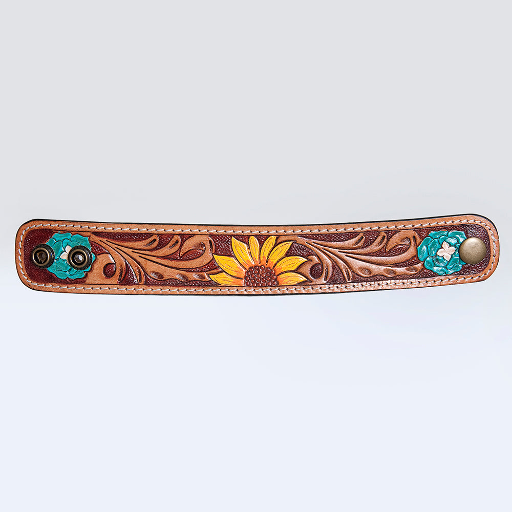ADBRF176 Tooled Leather Cuff Bracelet - Yellow Sunflower Design
