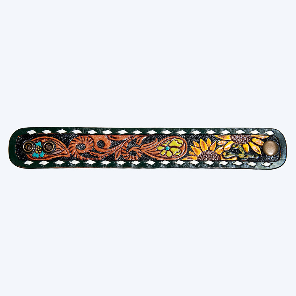 LC-ADBRF177 Tooled Leather Cuff Bracelet - Green Edge & Yellow Floral Accent with Turquoise Ascent