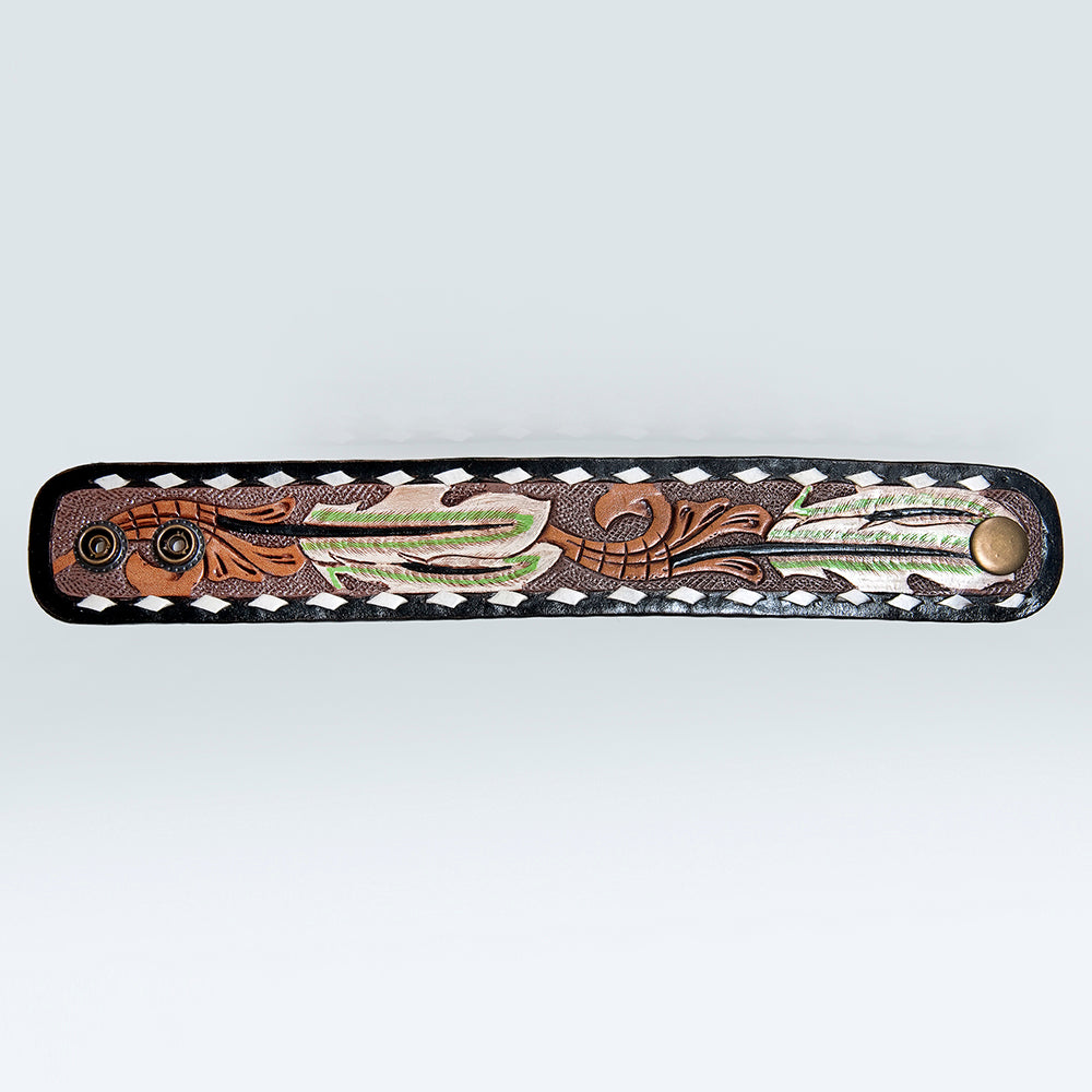 LC-ADBRF179 Tooled Leather Cuff Bracelet - Feather Motif with Black & White Whipstitch Trim
