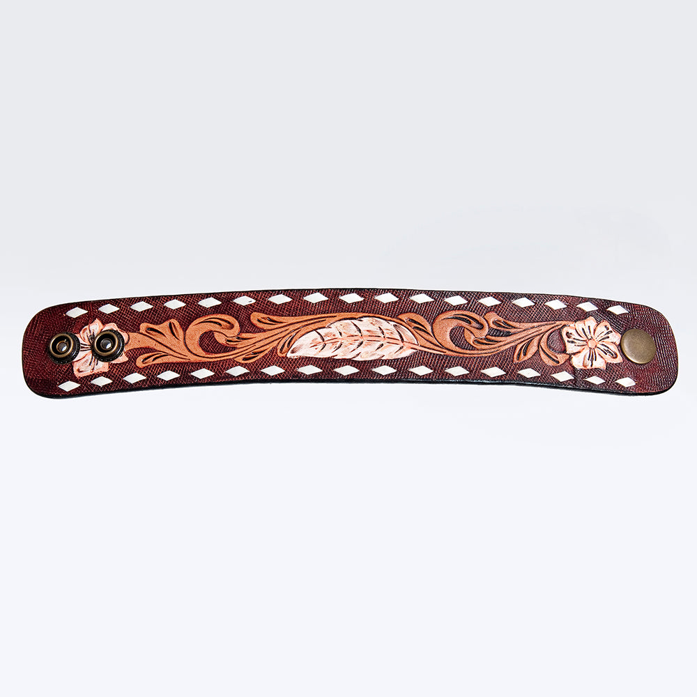 LC-ADBRF181 Tooled Leather Cuff Bracelet - Ivory Feather on Deep Maroon with Whipstitch Trim