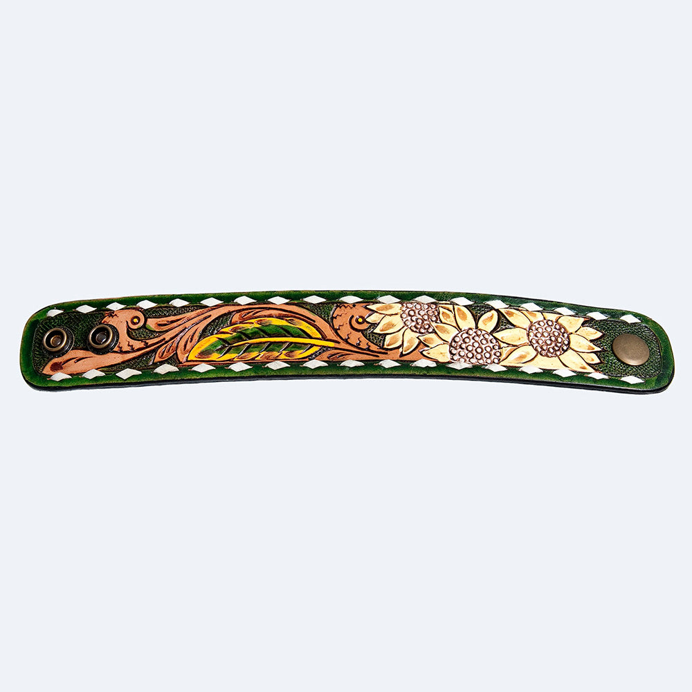 LC-ADBRF184 Tooled Leather Cuff Bracelet - Sunflower and Scroll Design with Green Background