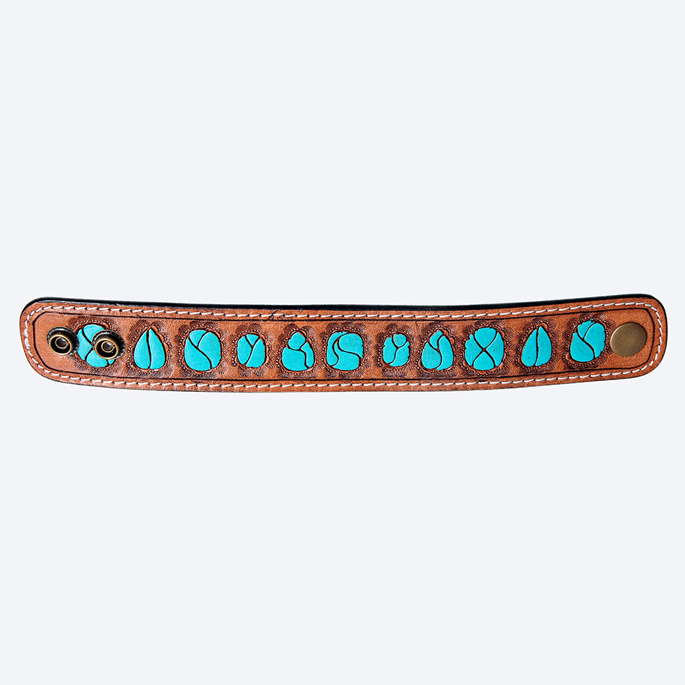 ADBRF188 Hand Tooled Leather Cuff - Turquoise Gemstone-Inspired Design