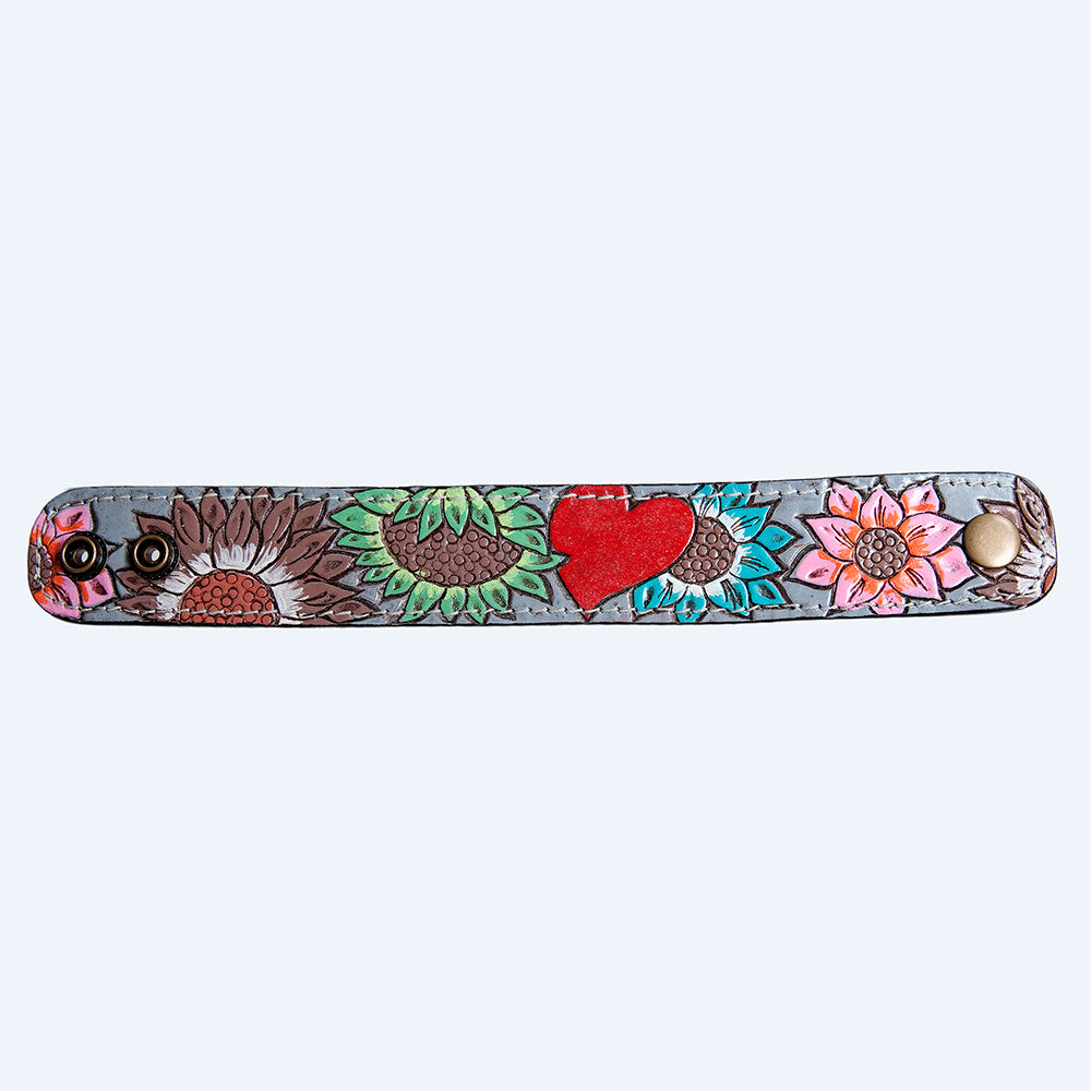 LC-ADBRF189 Hand Tooled Leather Cuff - Red Heart & Sunflower Floral Design