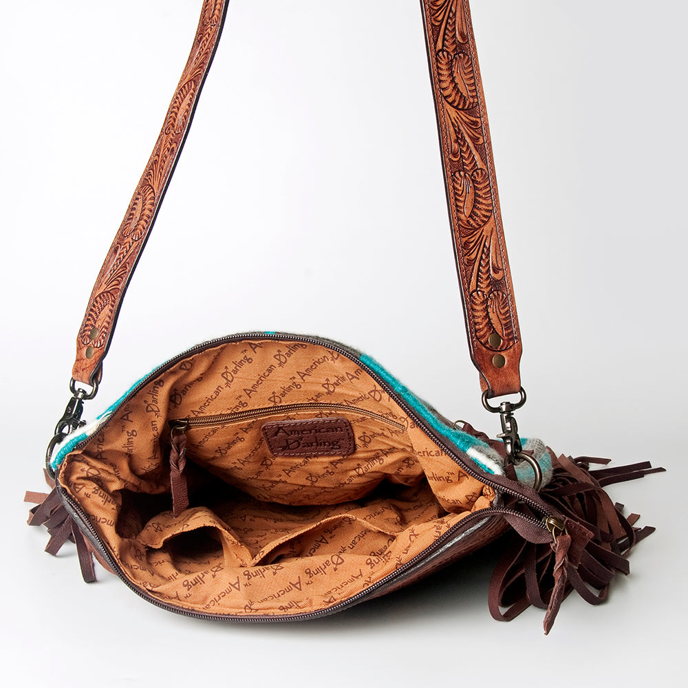 LC-ADBGZ558 Turquoise Southwestern Woven Crossbody Bag - Floral Tooled Leather & Fringe