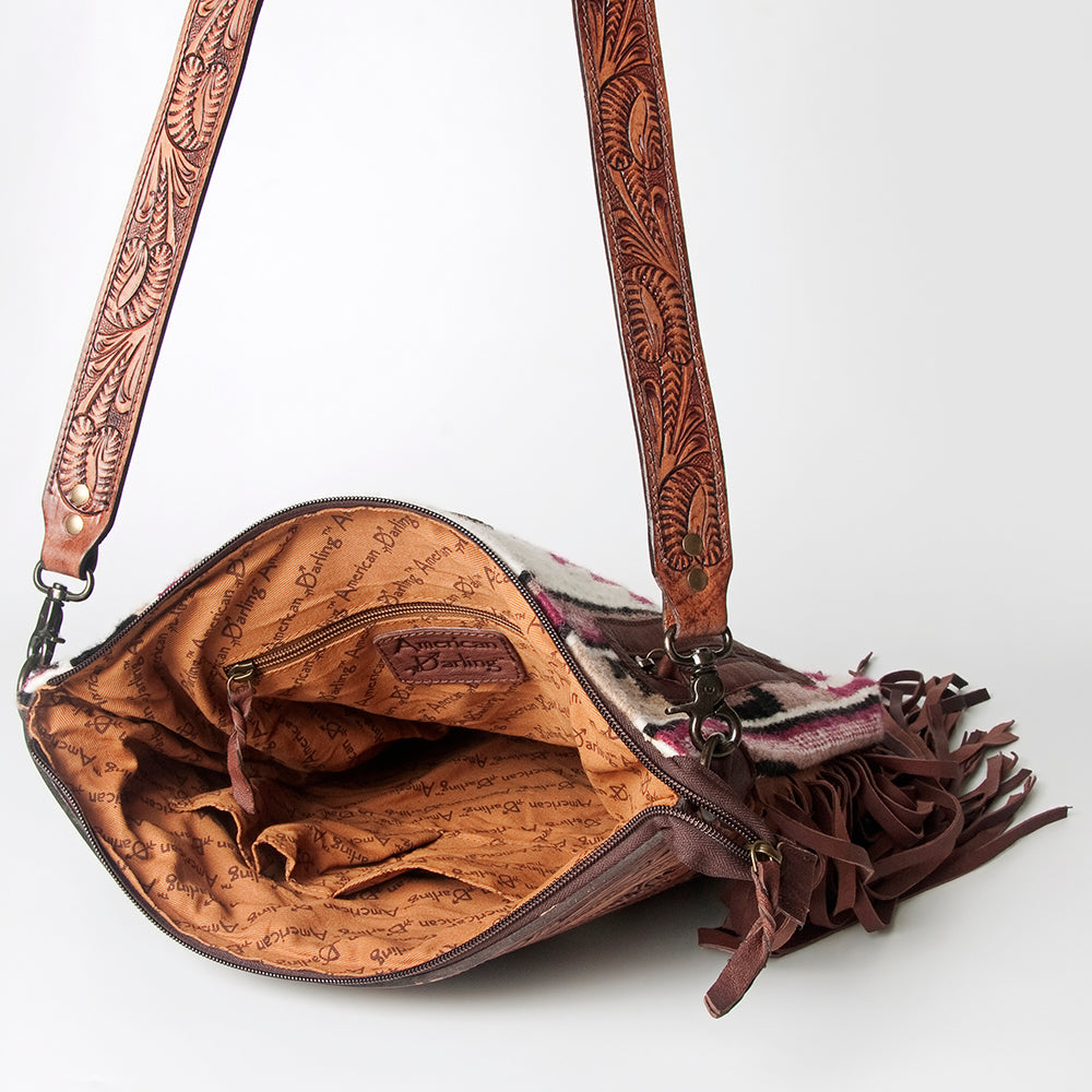 ADBGZ569 White & Wine Southwestern Woven Crossbody Bag - Tooled Leather & Fringe Western Purse