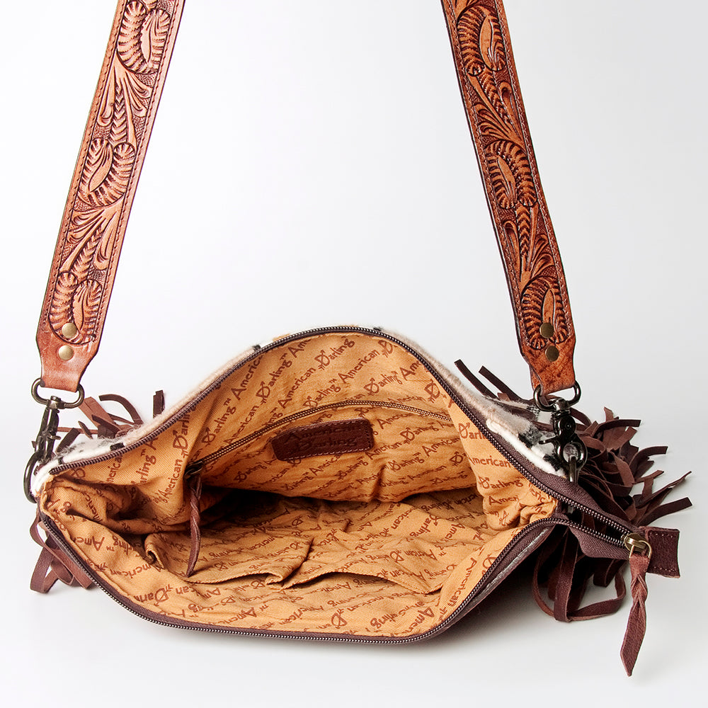 LC-ADBGZ577 Beige Southwestern Woven Crossbody Bag - Floral Tooled Leather Trim & Fringe Strap