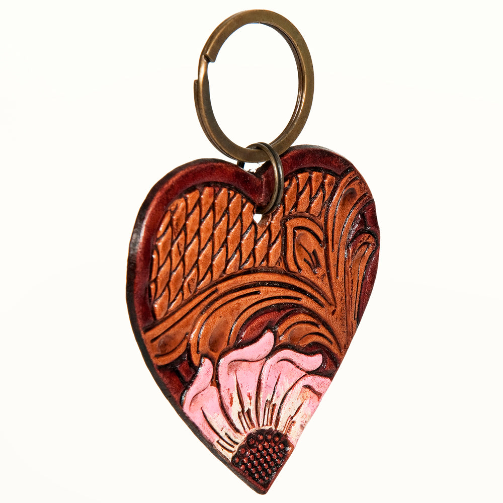 ADKR181 Hand-Tooled Leather Heart keyring Western Floral Design with Pink Accents