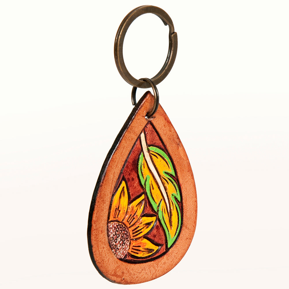 LC-ADKR184 Hand-Tooled Leather Keyring Teardrop with Sunflower & Feather Design