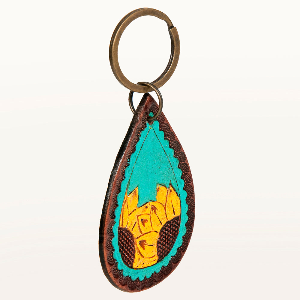 LC-ADKR185 Hand-Tooled Leather Keyring Teardrop with Dual Sunflower & Turquoise Inlay