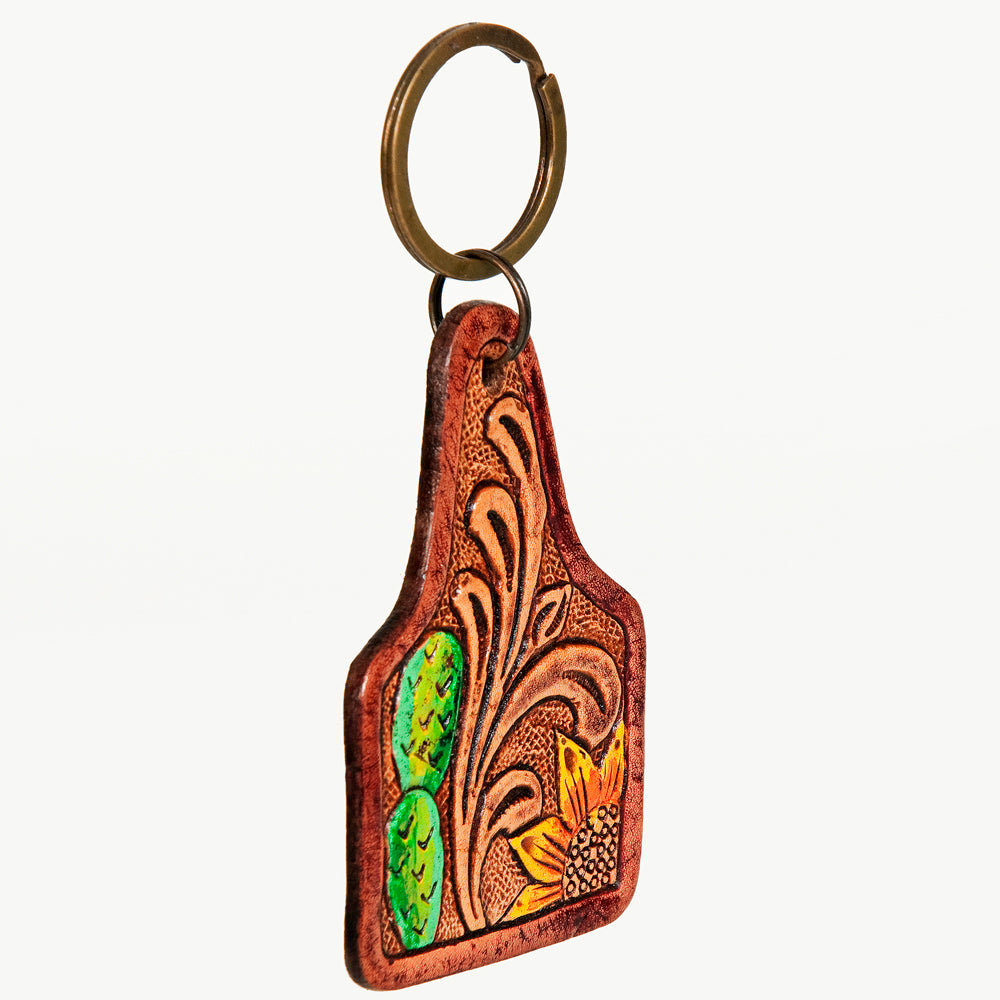ADKR188 Hand-Tooled Leather Sunflower Keyring Western Floral Scroll Design