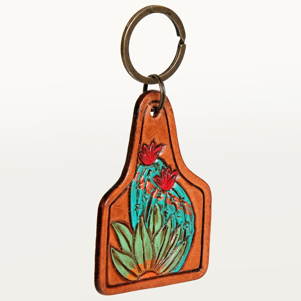 ADKR189 Hand-Tooled Leather Sunflower Keyring Western Floral Scroll Design