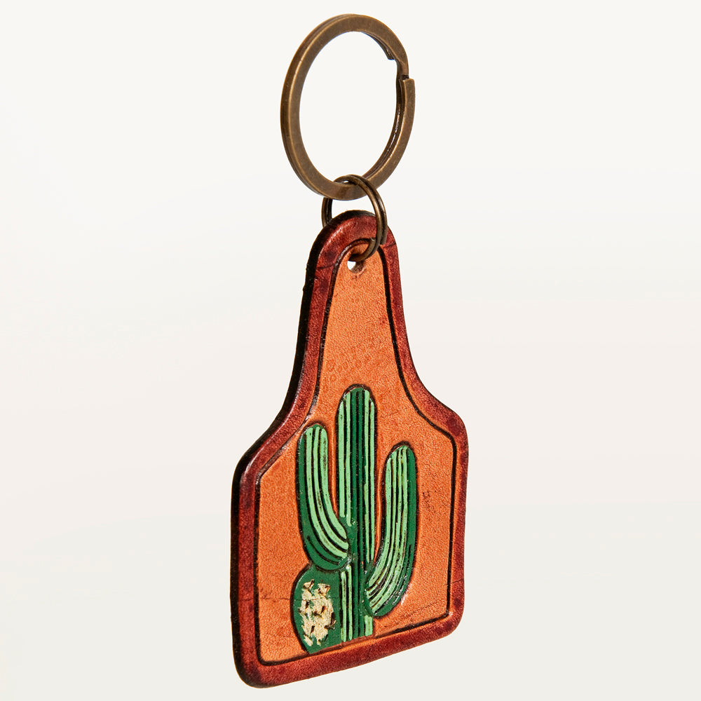 LC-ADKR190 Hand-Tooled Leather Cactus Keyring Western Desert Design