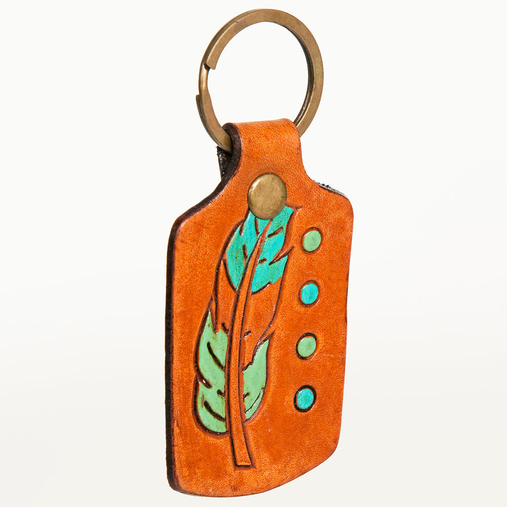 LC-ADKR194 Hand-Tooled Leather Feather Keyring Turquoise & Green with Dot Accents