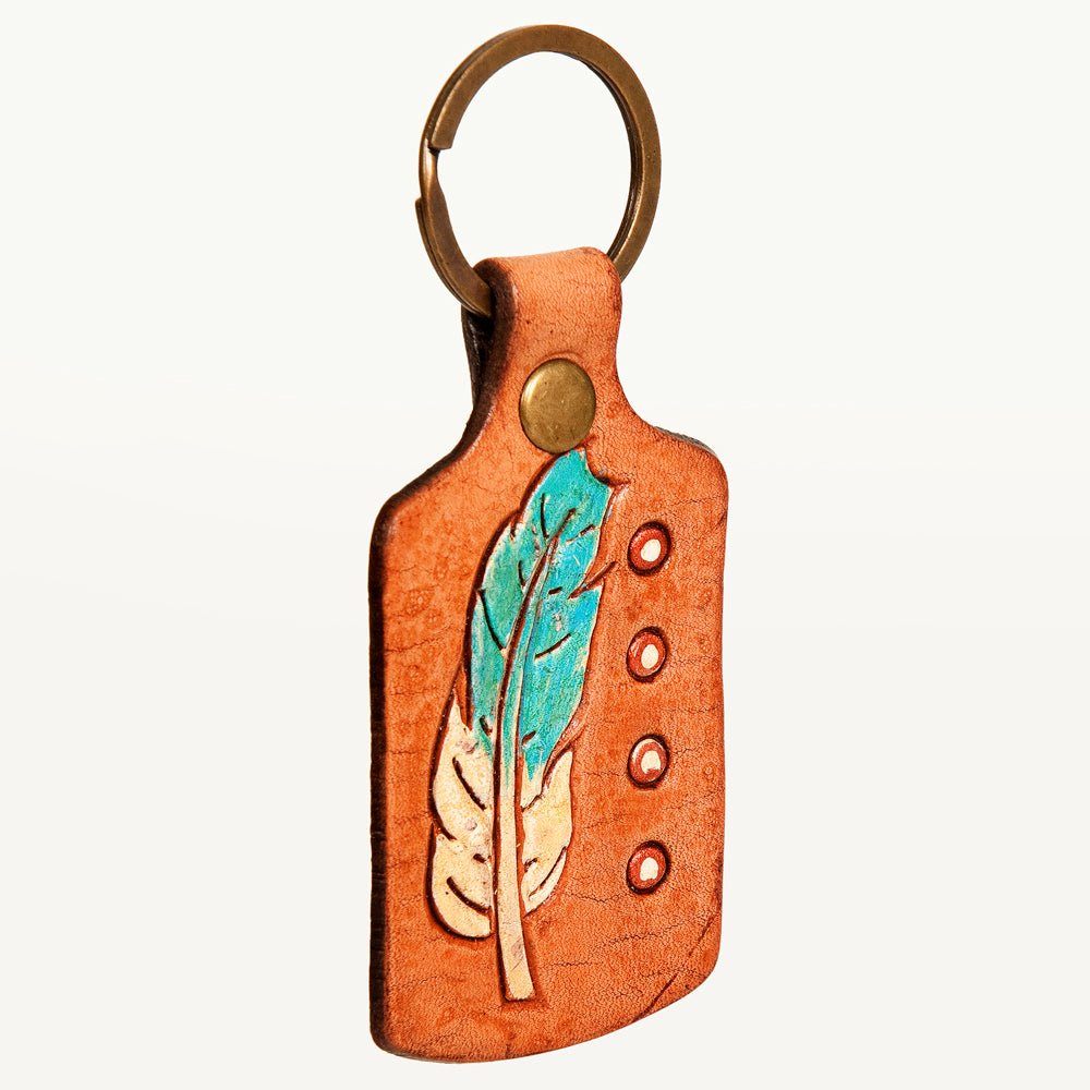 LC-ADKR195 Hand-Tooled Leather Feather Keyring Teal & Ivory with Dot Accents