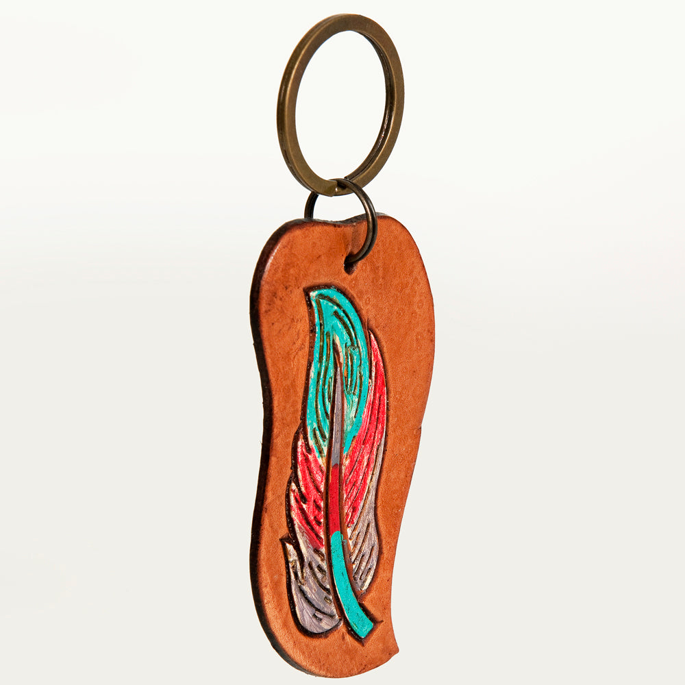 LC-ADKR196 Hand-Tooled Leather Feather Keyring Freeform Shape with Turquoise & Red Accents