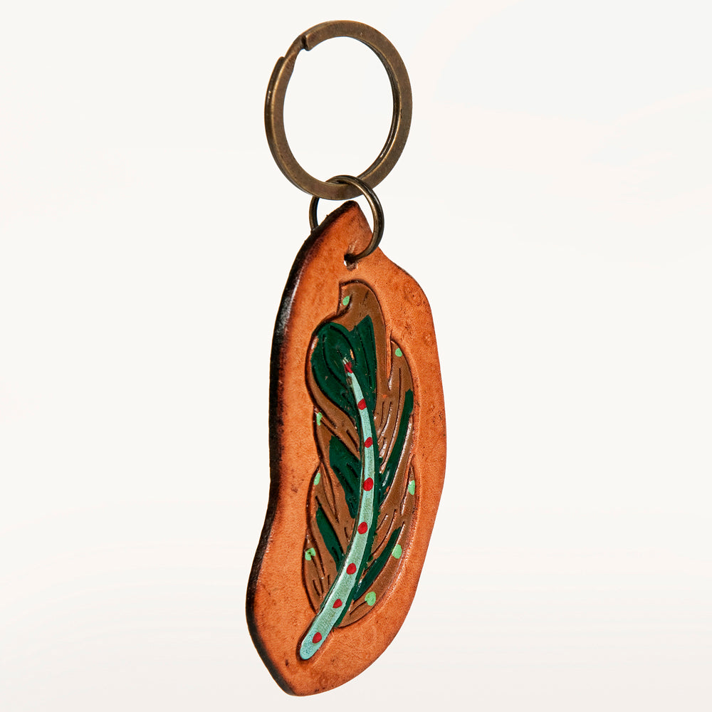 LC-ADKR198 Hand-Tooled Leather Feather Keyring Freeform with Green, Brown & Red Accents