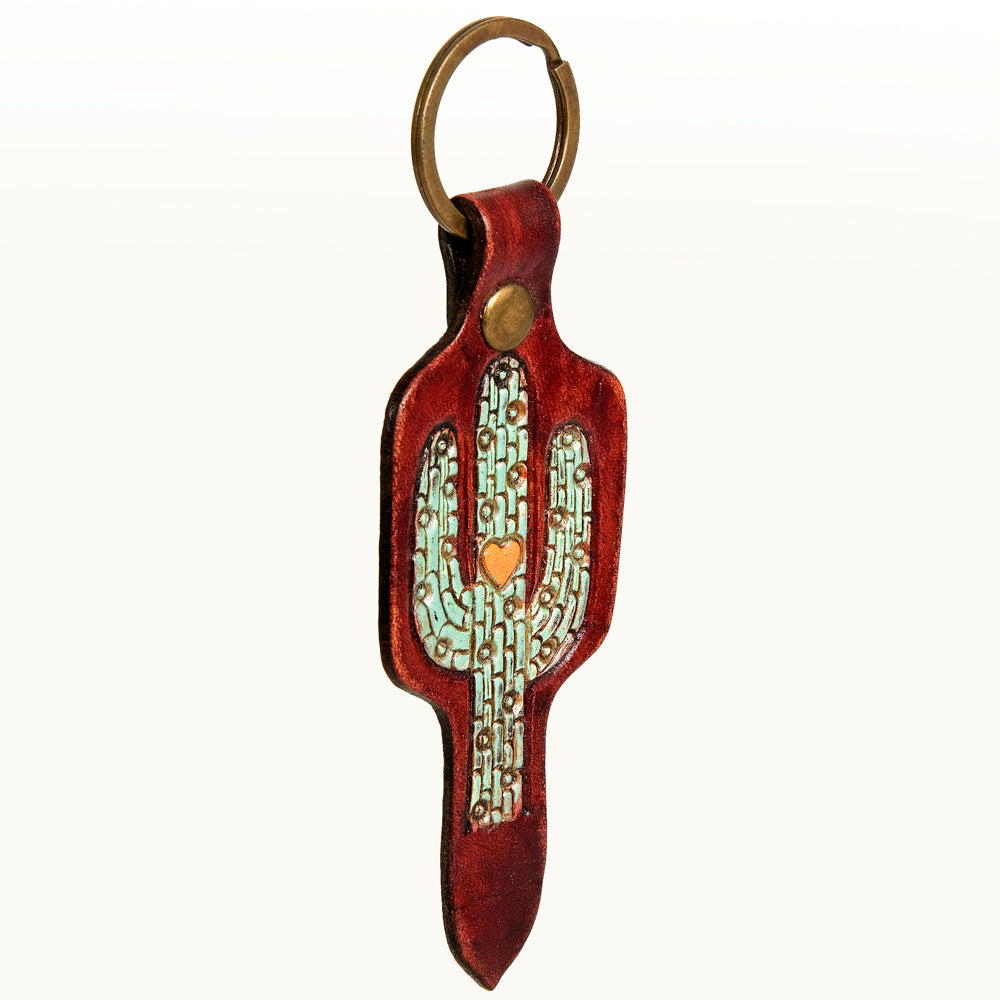 ADKR202 Hand-Tooled Leather Cactus Keyring Turquoise Mosaic with Heart Detail