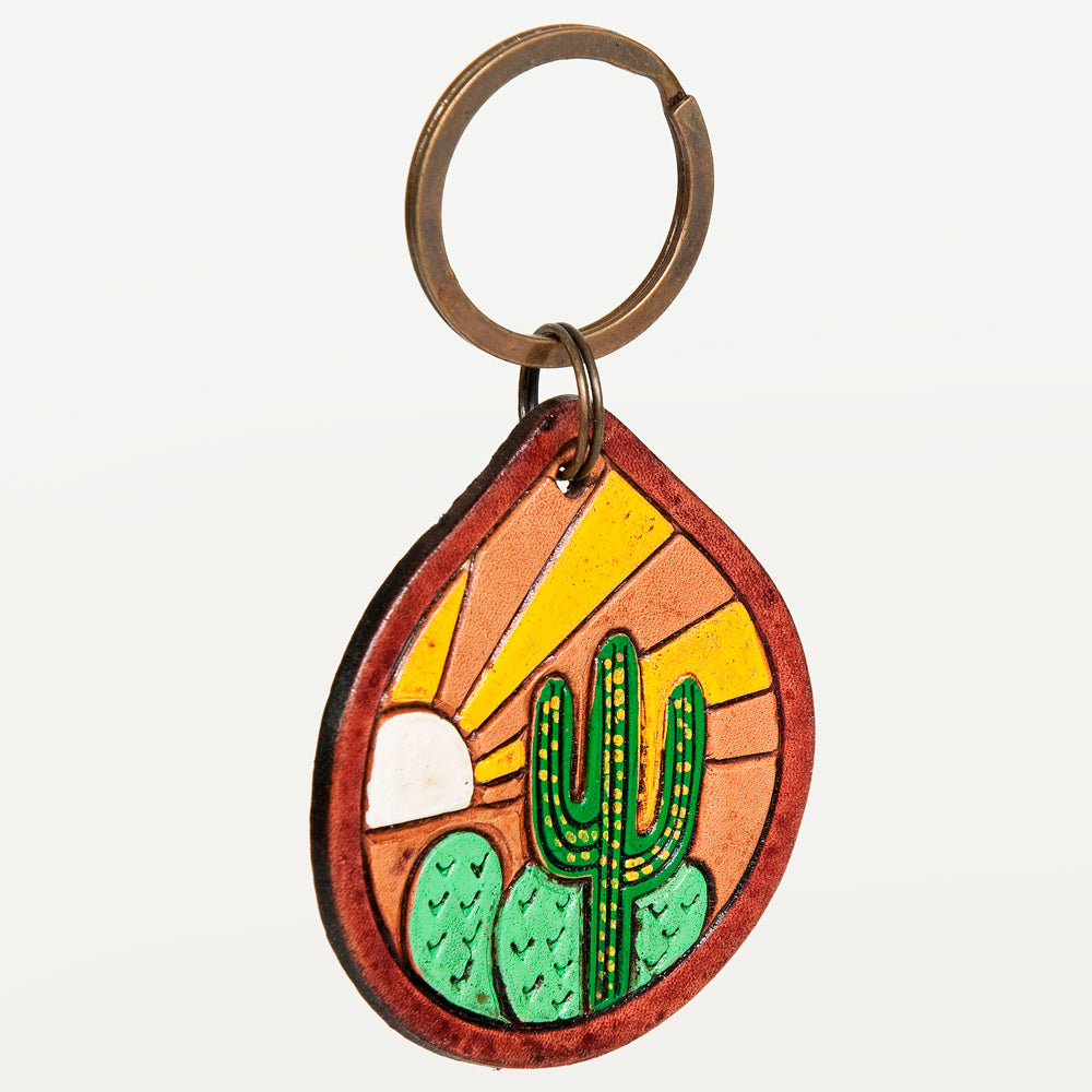 ADKR204 Hand-Tooled Leather Keyring Desert Sunrise with Cactus Scene