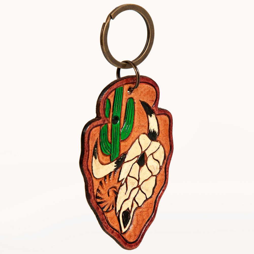ADKR209 Hand-Tooled Leather Keyring Arrowhead Shape with Green Cactus & Red Speckled Background