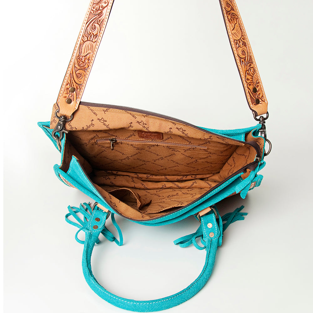 ADBG230 Hand Tooled Leather Tote Bag with Natural Floral Tooled Leather Panels & Fringes