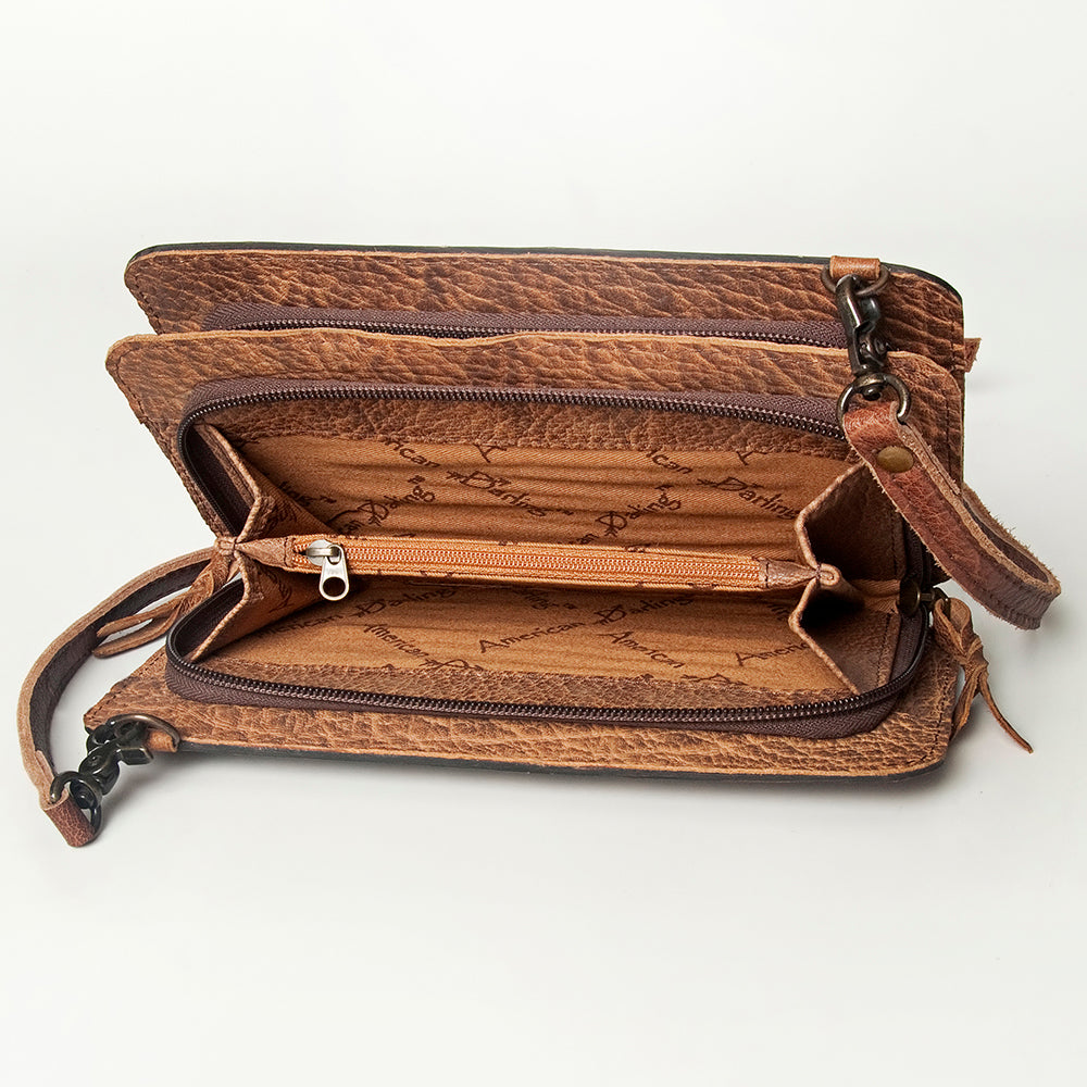 ADBG806 American Darling Hand Tooled Leather Crossbody - Floral Carved & Hair-On Cowhide Western Clutch