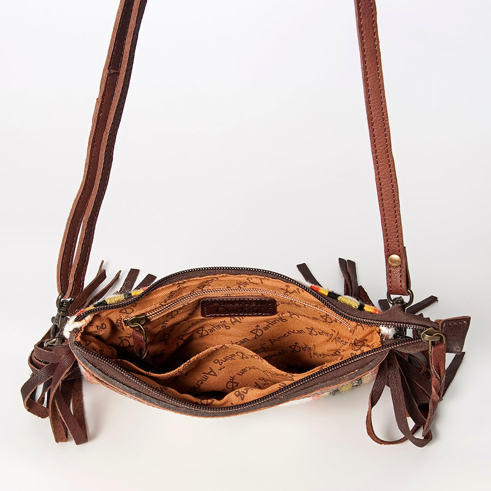 LC-ADBGZ183J Southwestern Flame Pattern Wool Crossbody Bag with Tooled Leather & Fringe - Western Purse