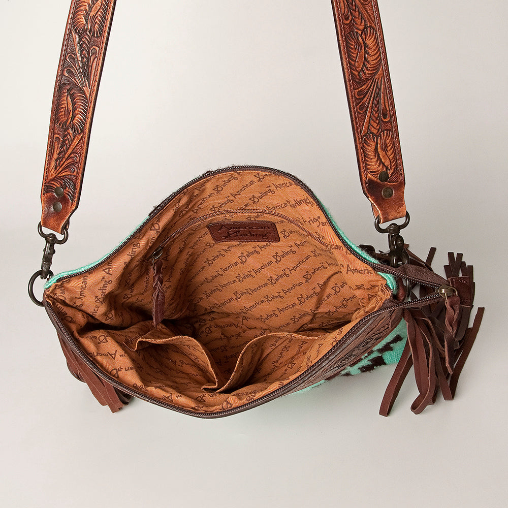 LC-ADBGZ230 Aztec Wool Crossbody with Tooled Leather & Fringe - Western Shoulder Bag