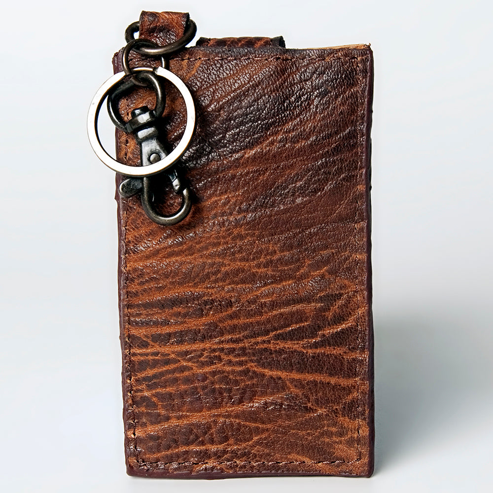 ADCCZ104 Embossed Brown Leather Keychain Cardholder Wallet - Snap & Clip