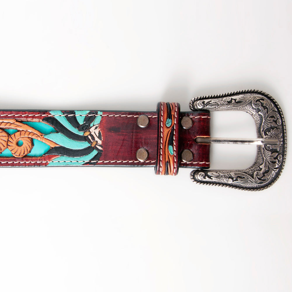 LC-ADBLF128 Hand-Tooled Leather Belt Buckle - Skull & Feather Turquoise Design