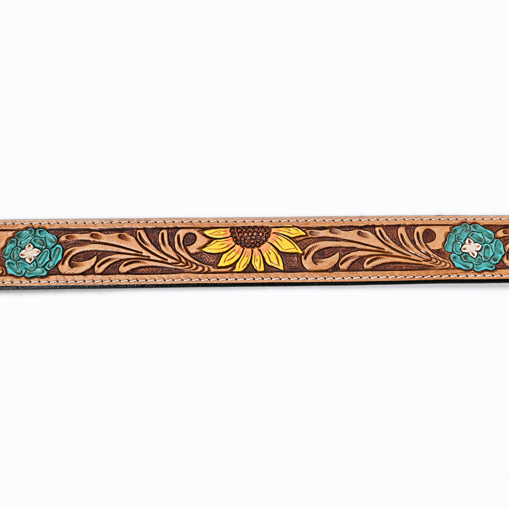 LC-ADBLF131 Hand Tooled Leather Belt - Sunflower & Turquoise Floral Western Belt with Silver Buckle