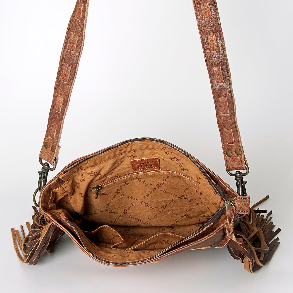 LC-ADBG719 Leather Fringe Crossbody Bag with Tooled Panel