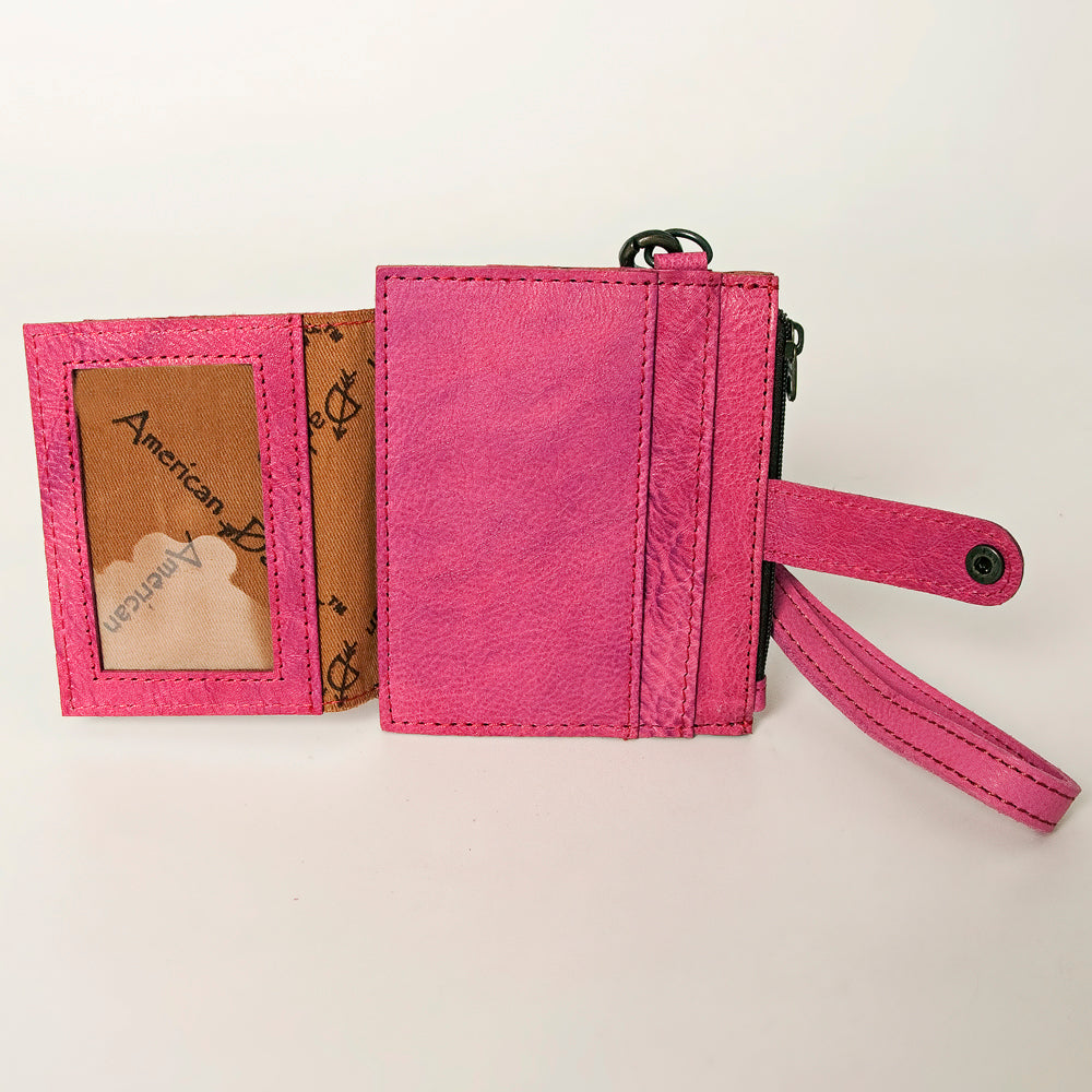 LC-ADBG816E Pink Genuine Leather Wristlet Card Wallet with Snap Tab & Zipper Pocket