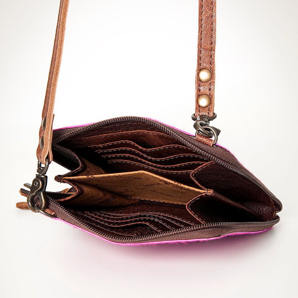 LC-ADBG820H Pink & Silver Hair-On Cowhide Crossbody Bag with Brown Leather Strap
