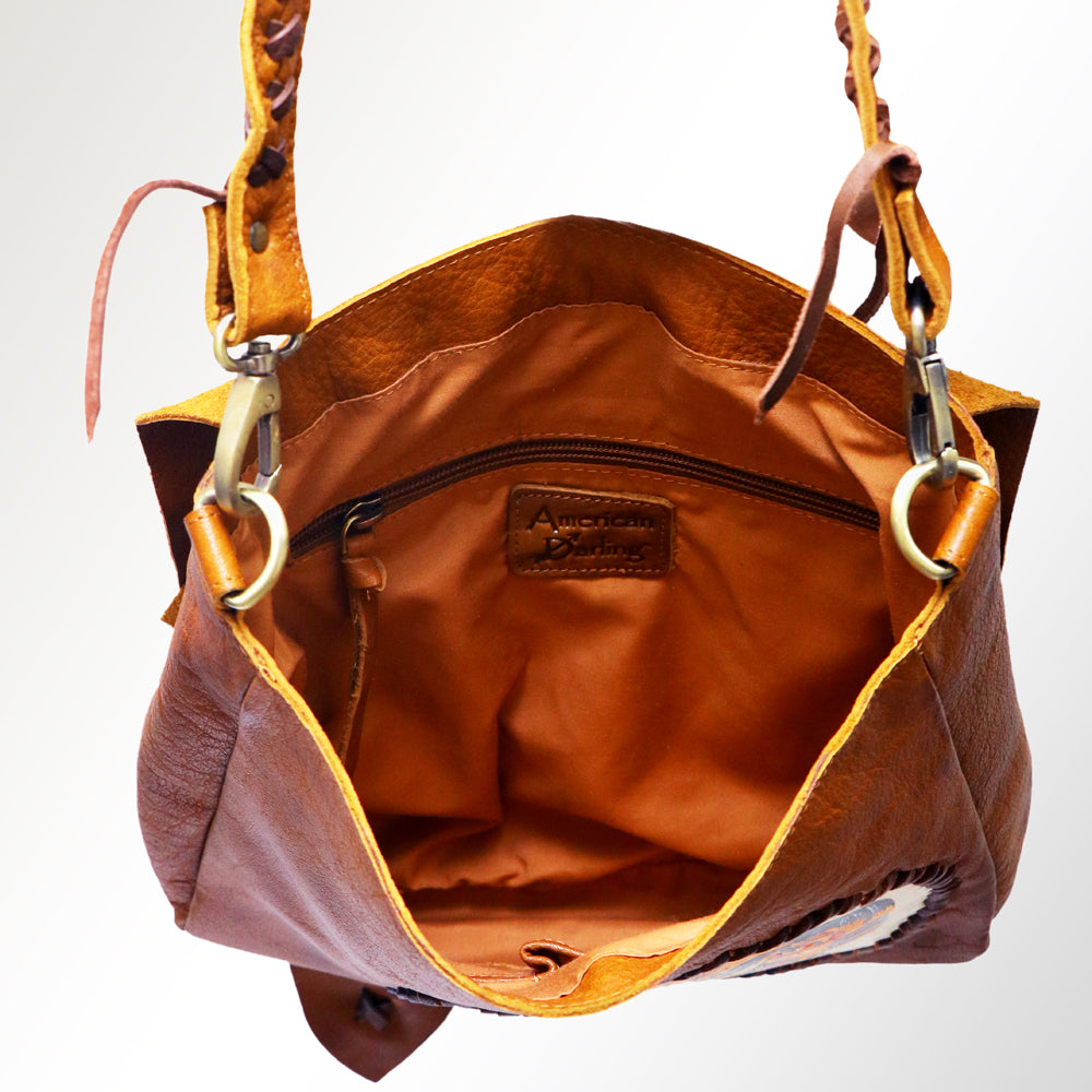 LC-ADBGM123R2 Hand-Painted Leather Messenger Bag - Circular Horse Art with Raw-Edge Stitching